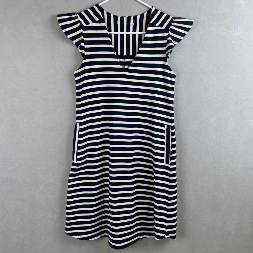 Monteau LA Navy Blue White Stripe‎ Flutter Sleeve V-Neck Shift Dress Pockets M